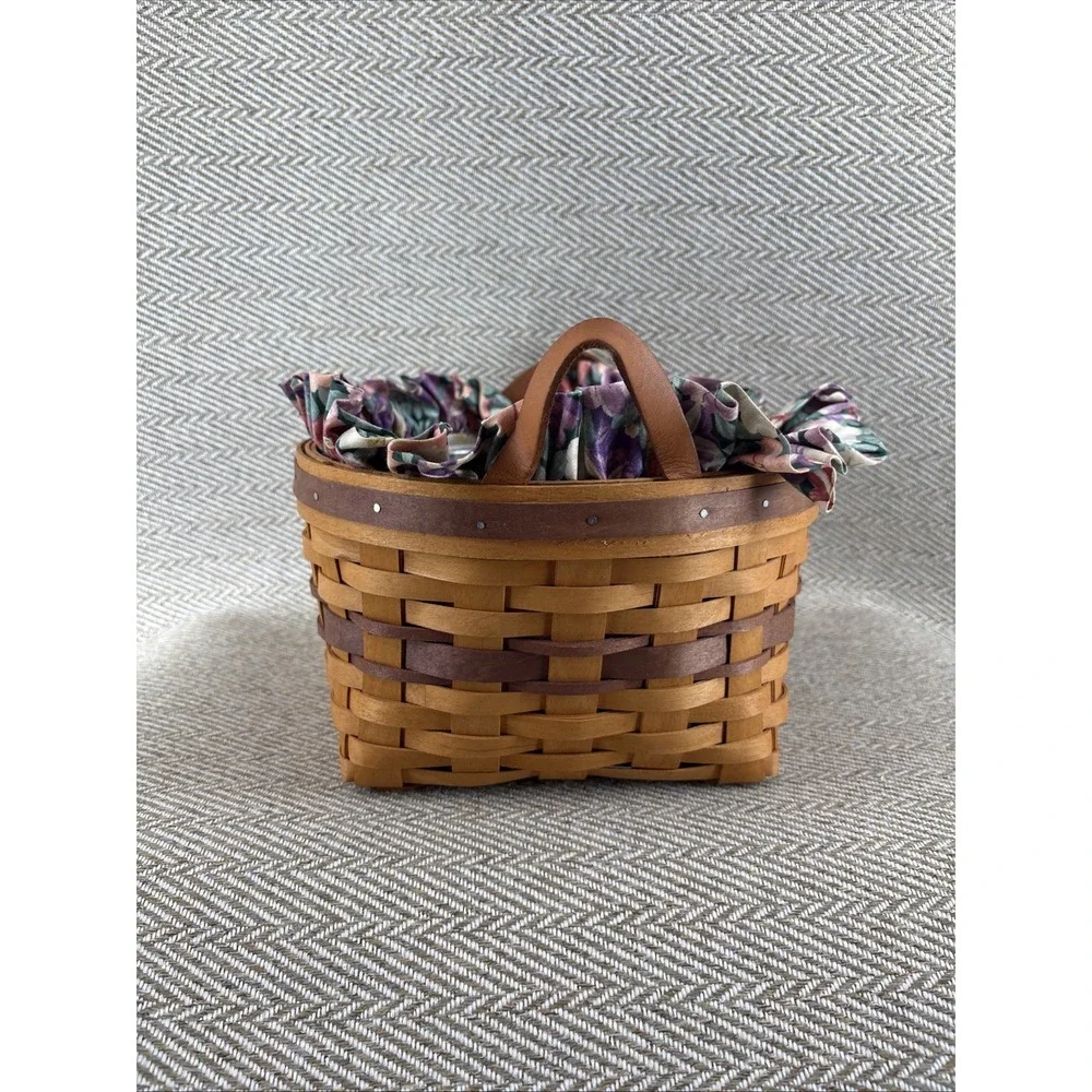 Longaberger Basket Petunia 1997 Flower Fabric Two Leather Handles Plastic Insert
